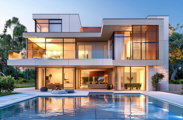 A modern villa in the style of minimalist architecture, featuring large windows and an outdoor pool with palm trees