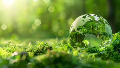 Obraz na płótnie Canvas Glass globe world map encircled by verdant forest flora, symbolizing nature, environment, ESG, green energy, sustainable industry, circular economy and renewable energy, climate change awareness.