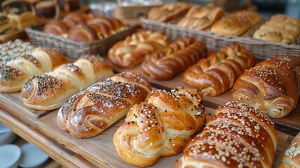A beautiful bakery shop with freshly baked , offering a wide variety of bread and pastries to choose from.