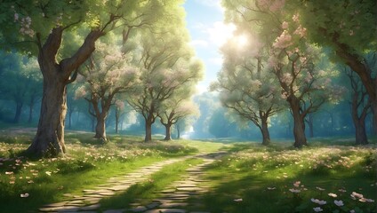 Beautiful spring landscape with blooming trees and road in the park