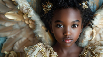 Black Child Wearing a White Angel Costume with Wings and Halo