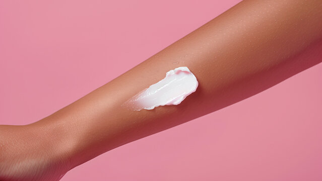 A small patch of white cream on woman arm, cose up. light pink background. Space for text.