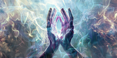 Otherworldly healing hands in a paranormal energy field - energy healing concept of cupped hands surrounded by ethereal wispy smoke depicting a spiritual healing experience
- 778298919