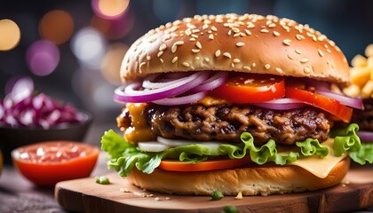 hamburger with juicy beef burger cheese tomato and red onion
