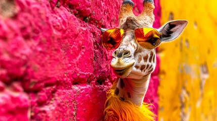 Portrait of a funny giraffe with sunglasses on colorful brick wall