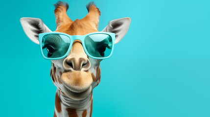 portrait of a cute, laughing giraffe with sunglasses and vibrant turquoise background, text space