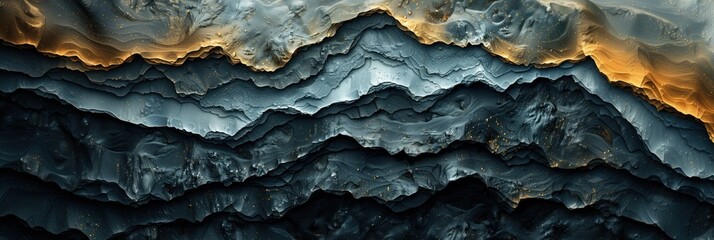 Layered rock formation in dark blue and gray shades, resembling the strata of sedimentary rock seen in a cliff or canyon wall. - obrazy, fototapety, plakaty
