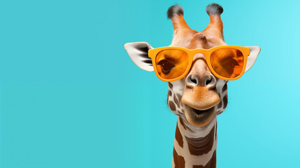 portrait of a cute, laughing giraffe with sunglasses and vibrant turquoise background, text space