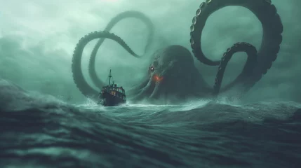 Poster octopus fiercely attacks a ship in the open ocean, wrapping its tentacles around the vessel as it tries to defend itself © Mars0hod