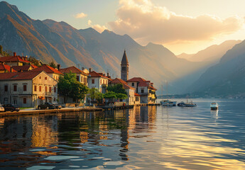 The picturesque town of Perast on the coast, with its historic buildings and colorful architecture, is set against the backdrop of majestic mountains during sunset - obrazy, fototapety, plakaty