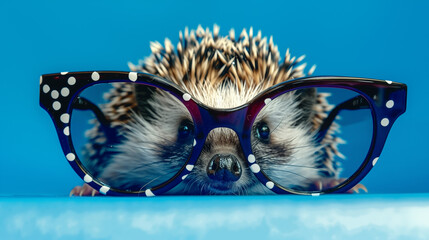 portrait of cute hedgehog with modern sunglasses and vibrant blue background, text space - good vision with glasses concept.
