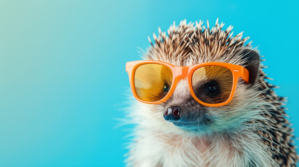 portrait of cute hedgehog with sunglasses and vibrant blue background, text space.