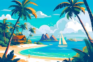 Fototapeta na wymiar A tropical island paradise with palm trees. Flat design concept illustration