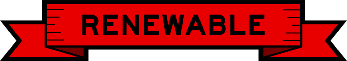 Ribbon label banner with word renewable in red color on white background