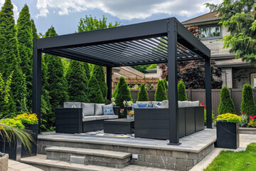extremely beautiful and modern black aluminum L-shaped outdoor patio with louvers on the roof. There is seating around it for four people and there are two planters under the structure - obrazy, fototapety, plakaty