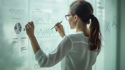 Strategy Planning, Businesswoman drawing diagrams and graphs on a glass board
