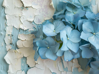 A close-up view of gentle blue hydrangeas set against a background of peeling white paint and weathered textures