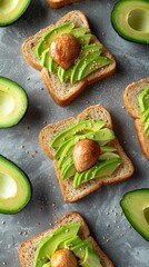 Charming Avocado Toasts. Solid Light Background. Power food. Fruit vegetable. Health and dieting. Breakfast.