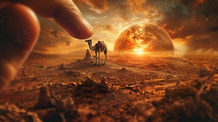 fantasy manipulation artwork of miniature camel standing on human index finger