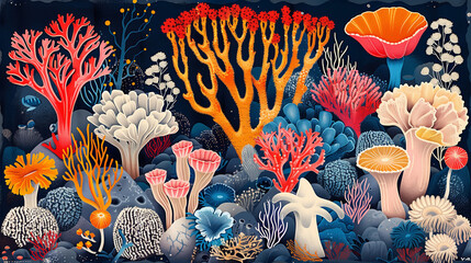 Paysage marin, fonds marins colorés avec algues, corail, faune et flore de l'océan, illustration et dessin de la mer sous l'eau, maximalisme, réalisme