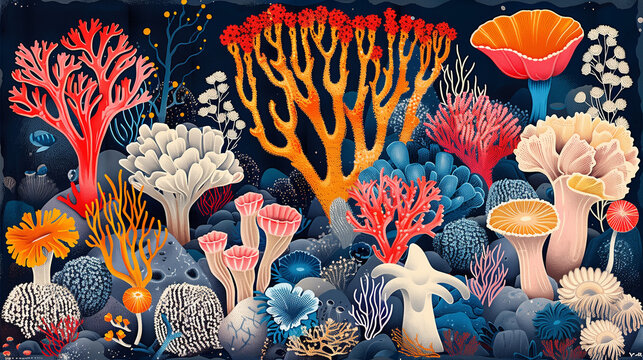 Paysage marin, fonds marins color&eacute;s avec algues, corail, faune et flore de l'oc&eacute;an, illustration et dessin de la mer sous l'eau, maximalisme, r&eacute;alisme