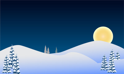 Winter Wonderland Background, Vector illustration. Snow landscape. Snowy background. Snowdrifts. Snowfall. Dark blue sky. Cartoon wallpaper. Winter season. Trees and snow mountains. Design for website