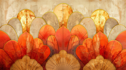Arrière-plan art déco représentant des coquillages ou fleurs de façon stylisée, illustration murale avec tons orange, pêche et or, papier peint - obrazy, fototapety, plakaty