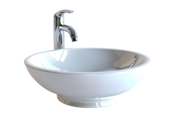 Shining Serenity: White Bowl Sink and Chrome Faucet. White or PNG Transparent Background.