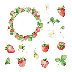 Frame with watercolor straberries and leaves