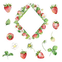 Frame with watercolor straberries and leaves