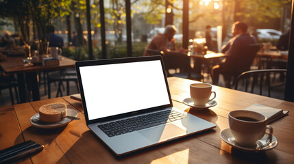 Mockup image of laptop with blank white screen and coffee cup on wooden table in outdoor cafe - Powered by Adobe