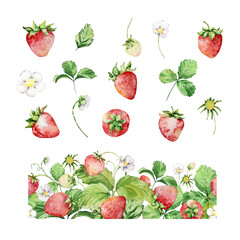 Frame with watercolor straberries and leaves