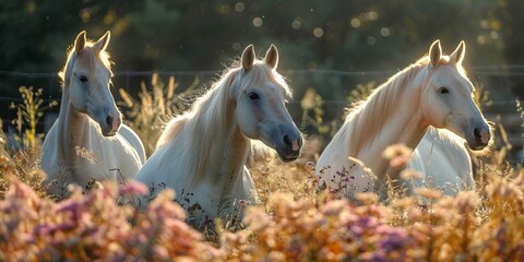A herd of strong and gorgeous white horses grazing in a green meadow under the blue sky. - obrazy, fototapety, plakaty
