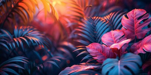Vivid tropical leaves create an abstract background with bright colors and lush foliage. - obrazy, fototapety, plakaty