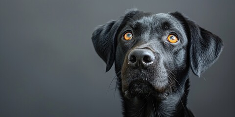 A focused portrait of a lovely black Labrador puppy, with expressive eyes, sitting outdoors on green grass. - obrazy, fototapety, plakaty