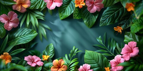 A lush paradise decoration featuring tropical flowers, hibiscus blossoms, and vibrant green leaves. - obrazy, fototapety, plakaty