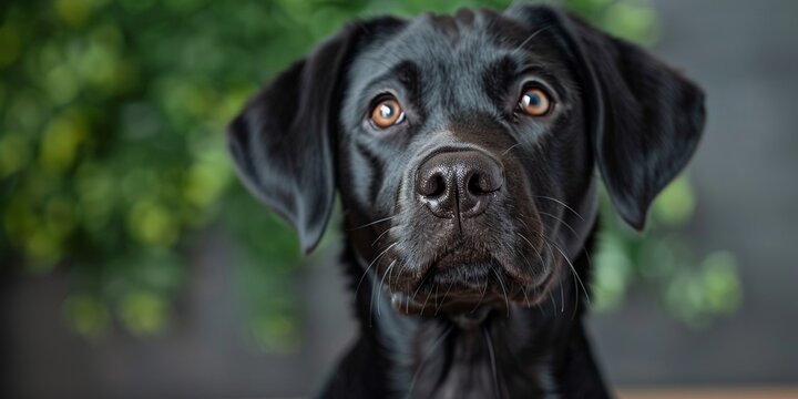 A beautiful portrait of a young black Labrador dog with a friendly expression and a green grass background.