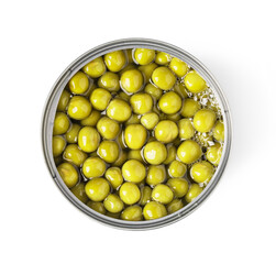 Tin can with peas on white background