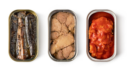 canned with different types of fish and seafood - 778301549