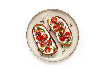 sandwiches with cream cheese and cherry tomatoes, breakfast, homemade,