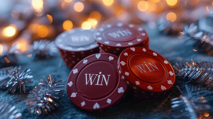 casino chips with the text "WIN" on them, on an elegant table decorated for Christmas, with a soft bokeh background