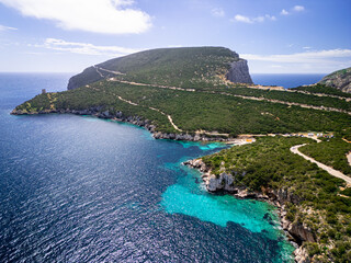 Rocky cape with picturesque hiking trails, diving spots, and caves with archaeological sites in Capo Caccia - Sardinia, Italy