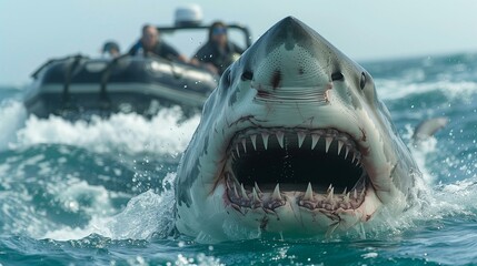 Fototapeta premium Close-up of a Shark Emerging from the Sea with its Mouth Open, Onlookers on a Boat in the Distance