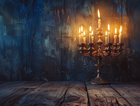 A rustic Hanukkah setting with a menorah placed on a rough-hewn wooden table soft candlelight playing off the woods texture