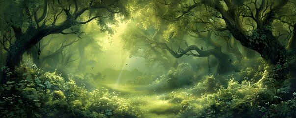 Enchanted Woodland Pathway in Lush Green Forest with Magical Sunlight and Shadows