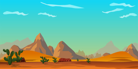 Vector illustration. Dry arid landscape. sandy and desert background.  Orange sky. Cartoon wallpaper. Summer season. Trees and sand mountains. Design for website, poster, banner, template