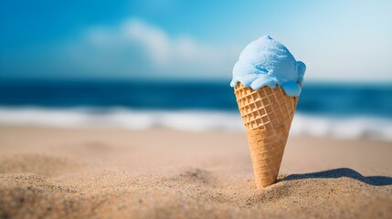 Close up of a blue Ice Cream Cone at the Beach. Beautiful Summer Vacation Background
