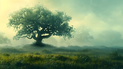 Majestic Oak Guardian Watches Over Misty Meadow Radiating Tranquility and Timeless Wisdom - obrazy, fototapety, plakaty