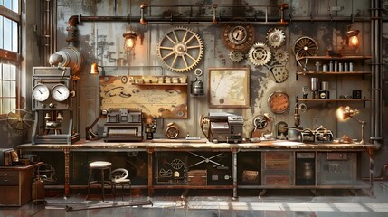 a vintage steampunk style workshop filled with an assortment of antique machinery gears tools - obrazy, fototapety, plakaty