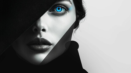 Naklejka premium A stark black and white fashion portrait with a single blue eye shadowed figure set against a minimalist background